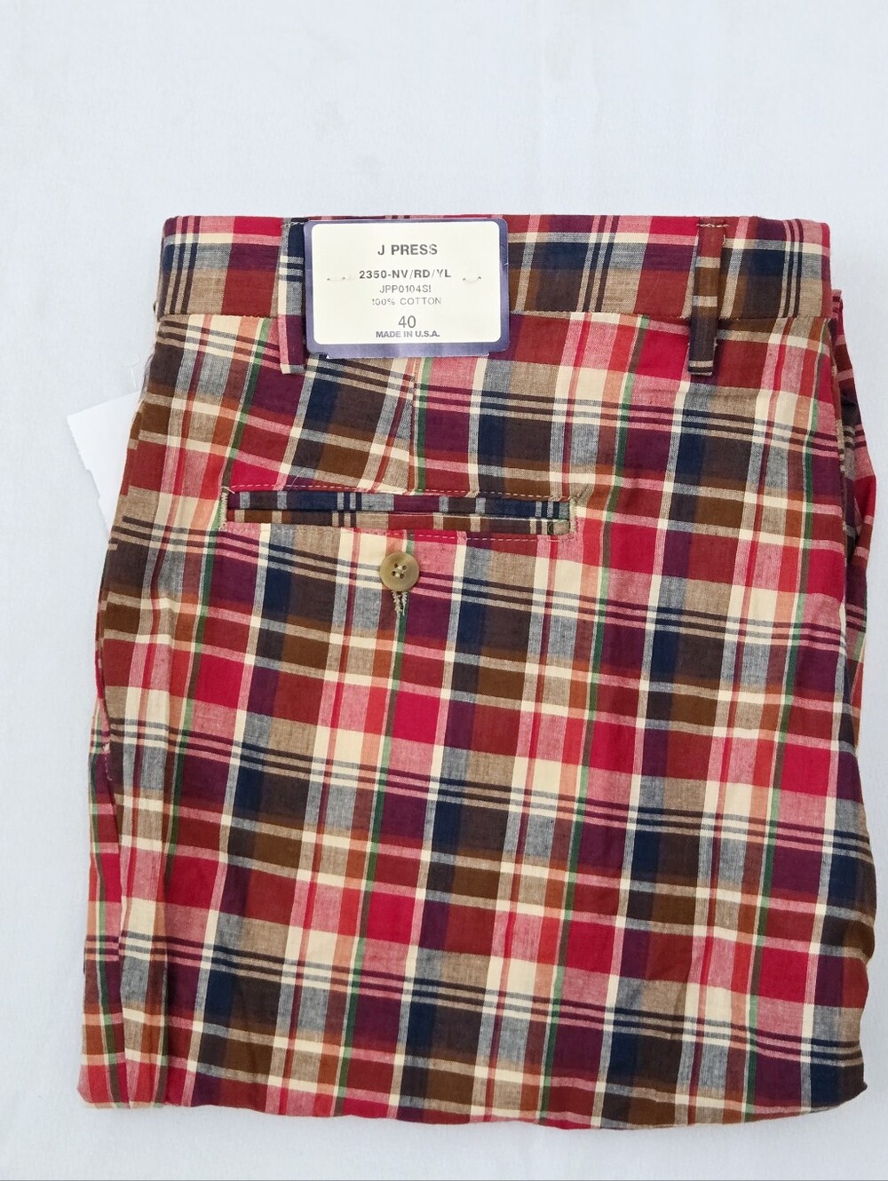 J Press Madras Plaid Pants Men's 41x38 USA Cotton Ivy Prep Red Navy Unhemmed NWT